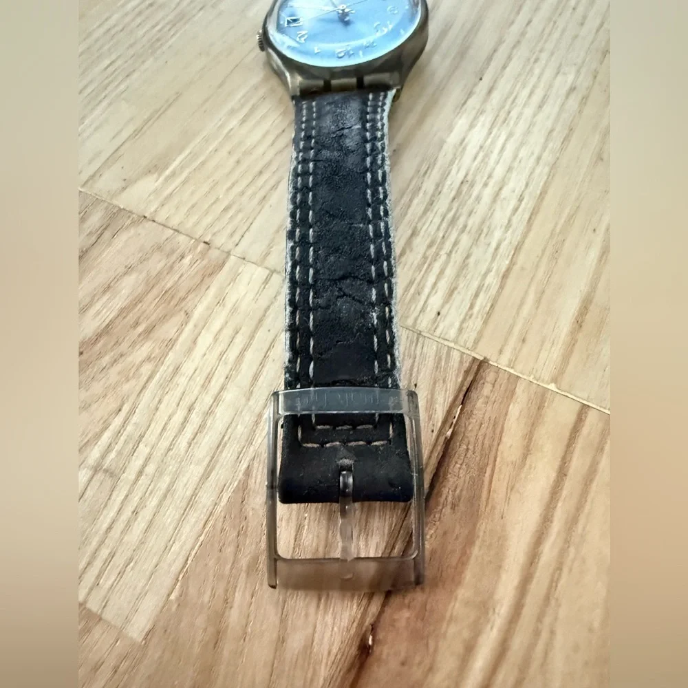 Swatch Blue dial brown strap, Blue Choco classic watch NEW BATTERY